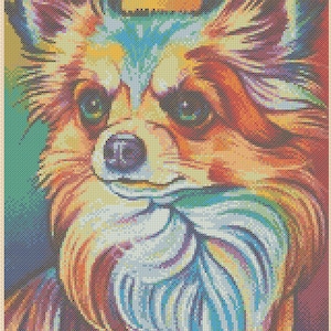 May include: A colorful, abstract painting of a chihuahua dog with a white, blue, and orange fur pattern. The dog's eyes are green and the background is a mix of yellow, orange, and green.