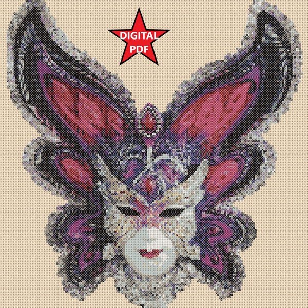 Digital Download PDF Cross Stitch Chart Art Deco Venetian Mask - 264A