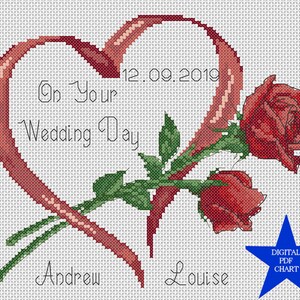 PDF Kreuzstichvorlage Hochzeitstag Just Married rote Rosen