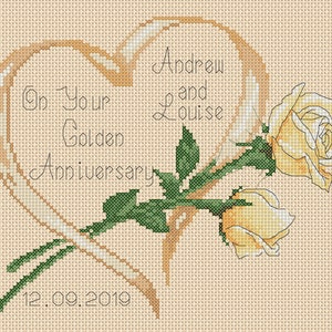 Golden Wedding Anniversary Digital Download PDF Cross Stitch Chart Golden Wedding Anniversary 50th Anniversary