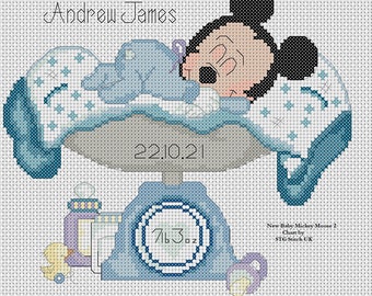 Electronic Printable PDF Cross Stitch Chart Mickey Mouse 2 New Baby Birth Sampler Birth Announcement