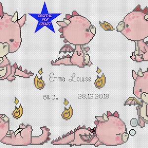 PDF クロスステッチ チャート 新生児誕生サンプル - ベビードラゴン ピンク 誕生のお知らせ