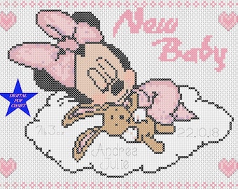 PDF Cross Stitch Chart Minnie Mouse New Baby Birth Sampler Birth Announcement