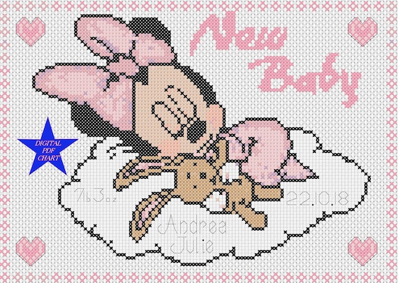 Pdf Cross Stitch Chart Minnie Mouse New Baby Birth Sampler Etsy