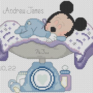 Download digital PDF Gráfico de ponto cruz Mickey Mouse 2 Amostra de nascimento de novo bebê Anúncio de nascimento 2a