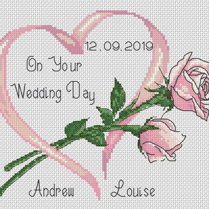 Wedding Day Digital Download PDF Cross Stitch Chart Wedding Day Just Married Pink Roses