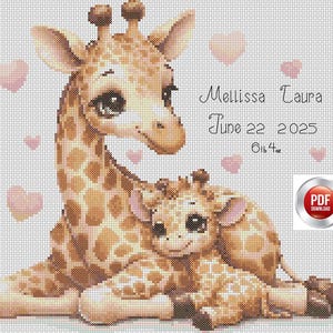 Gráfico de punto de cruz en PDF para bebé jirafa y madre n.° 201 - Registro de nacimiento de un bebé (descarga digital en PDF)