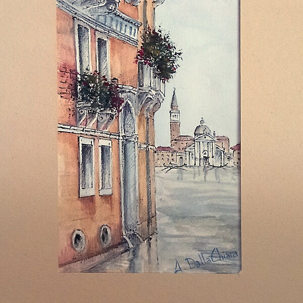 Vue de San Giorgio - Unique en son genre, signée, peinture à l’aquarelle originale - Paysage vénitien