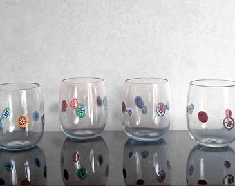 Clear & Millefiori set of 6 drinking glasses "Botticella", blown in Murano by glass master Aldo Zanella.