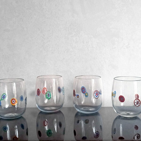 Clear & Millefiori set of 6 drinking glasses "Botticella", blown in Murano by glass master Aldo Zanella.