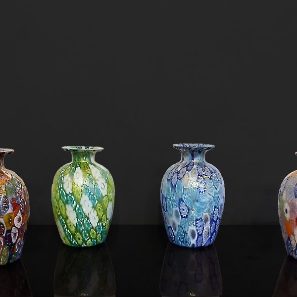 Vases Millefiori - Vases originaux en mosaïques de Murano Millefiori avec de l'or, soufflé par le maître verrier Campanella. Différentes couleurs et tailles!