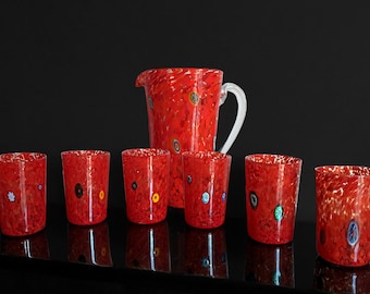 Drinking glasses "Cardinale"- Set of 6 glasses made in Murano with the brightest red mosaics and Millefiori!!! Save money adding the carafe!