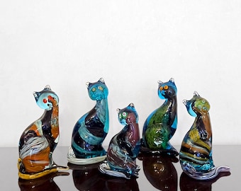 Cats. Original glass sculptures (medium size) hand made in Murano Island with the most submerged colorful glass and Millefiori eyes.