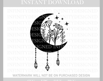 月 svg、月 png、スピリチュアル svg、スピリチュアル png、魔女 svg、花 svg、花 png、印刷可能、花の昇華、花の昇華、png、eps、dxf