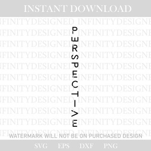 Op de afbeelding: Zwart-witte tekstgrafische vormgeving met het woord "Perspectief" verticaal geschreven. De tekst wordt meerdere keren in een patroon herhaald. De tekst staat op een witte achtergrond. De tekst luidt "Direct downloaden" bovenaan de afbeelding en "Watermerk zal niet op het gekochte ontwerp staan" onderaan de afbeelding. De tekst "SVG EPS DXF PNG" staat onderaan de afbeelding.