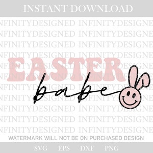 Może przedstawiać: Cyfrowy projekt ze słowami "EASTER babe" w kolorze różowym i czarnym. Słowo "EASTER" jest w stylu retro, a "babe" jest w stylu odręcznym. Uśmiechnięta twarz królika z uszami królika znajduje się obok słowa "babe".