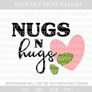Op de afbeelding: Digitaal ontwerp met de woorden "Nugs n hugs" in zwart schrift en een roze hart. Twee groene cannabis toppen staan naast het hart. De woorden "Instant Download" staan bovenaan.