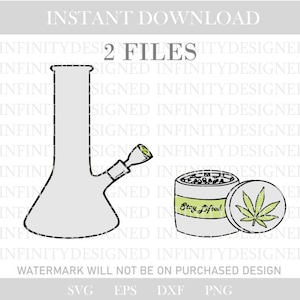 May include: Digital illustration of a bong, grinder, and a lid with a cannabis leaf. The grinder has the text "Stay Lifted!". The image is a digital download with the text "2 FILES".