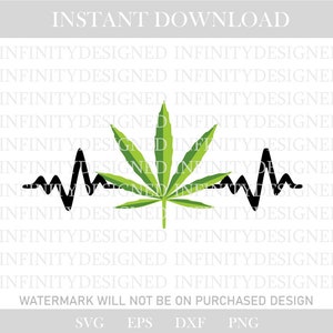 Puede incluir: Un diseño digital con una hoja de cannabis verde y una línea de latido cardíaco negra. Las palabras "INSTANT DOWNLOAD" están en la parte superior. El diseño incluye el texto "WATERMARK WILL NOT BE ON PURCHASED DESIGN" en la parte inferior. Para descarga digital.
