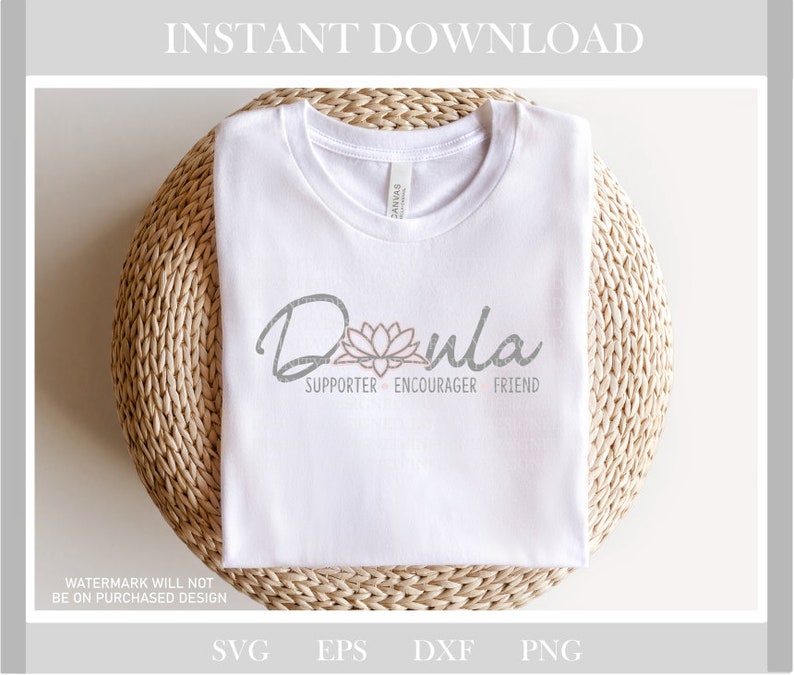 May include: White t-shirt with a gray and pink design that says "Dula" with a lotus flower and the words "Supporter, Encourager, Friend".