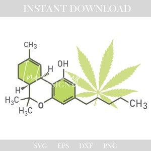 May include: A green cannabis leaf with a chemical formula for CBD, a cannabinoid found in cannabis.