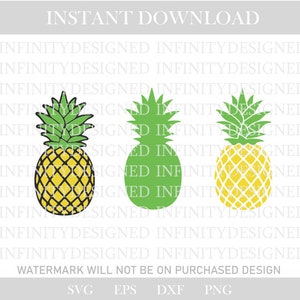 May include: Three pineapple designs in yellow, green, and a combination of yellow and black. The pineapples have green leafy tops and are set against a white background. Text at the top reads "INSTANT DOWNLOAD".