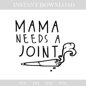 Op de afbeelding: Zwart-wit digitale print met de tekst "MAMA NEEDS A JOINT" boven een cartoon illustratie van een aangestoken joint met rook. De woorden "INSTANT DOWNLOAD" staan bovenaan.