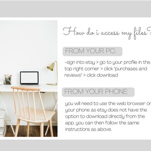 May include: A bright, minimalist workspace featuring a white desk, wooden chair, and a laptop with a blank screen. A gold desk lamp and stationery add decorative touches. Text provides instructions on how to access files.