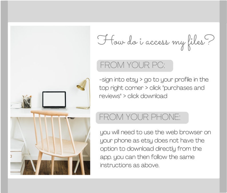 May include: A bright, minimalist workspace featuring a white desk, wooden chair, and a laptop with a blank screen. A gold desk lamp and stationery add decorative touches. Text provides instructions on how to access files.