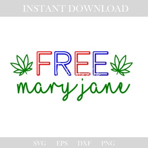 May include: A digital graphic with the words "FREE mary jane" in red, blue, and green. The word "FREE" is in a bold, outlined font, and "mary jane" is in a cursive font. Green cannabis leaves flank the word "FREE".
