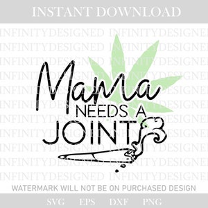 Peut inclure: Un design numérique avec le texte "Mama Needs A Joint" dans une police fantaisiste, accompagné d'une illustration d'un joint allumé et d'une feuille de cannabis. Le design est en noir et blanc.