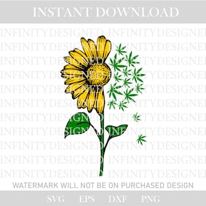 May include: A digital graphic of a sunflower with a cannabis leaf design. The sunflower is yellow and black, with green leaves and stem. The text "INSTANT DOWNLOAD" is at the top, and "WATERMARK WILL NOT BE ON PURCHASED DESIGN" is at the bottom.