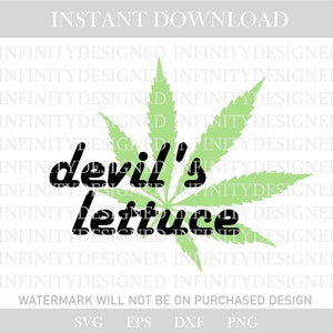 Puede incluir: Un diseño digital con una hoja de cannabis verde claro y las palabras "devil's lettuce" en escritura negra. El diseño incluye el texto "DESCARGA INSTANTÁNEA" en la parte superior y opciones de tipo de archivo en la parte inferior.