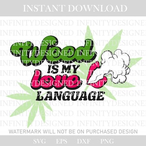 Op de afbeelding: Groen en roze grafisch ontwerp met de tekst "Weed is my love language" en een gestileerd marihuanablad met rook die eruit komt.
