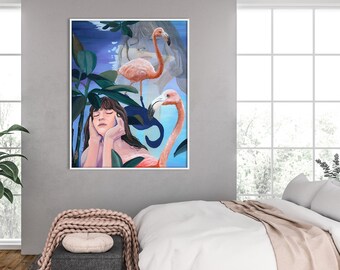 Flamingo Art Print, Flamingo Wall Art, Flamingo Decor, Surrealist Art Print, Flamingo Art Prints, Tropical Art, Surrealism Painting, Pop Art
