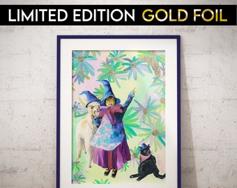 LIMITED EDITION Gold Foil Print, Surreal Art, Surrealism Special Edition Wall Art, Llama Wizard Art, Floral Abstract Print