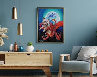 Octopus and Yorkie Dog Art Print, Octopus Wall Art, Yorkie Wall Art, Surrealist Art Print, Dog Art Prints, Animal Art, Octopus Artwork