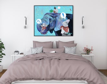 Elephant and Bunny Art Print, Elephant and Bunny Wall Art, Elephant Print, Surrealist Art Print, Surrealism Elephant Painting, Nursery Art