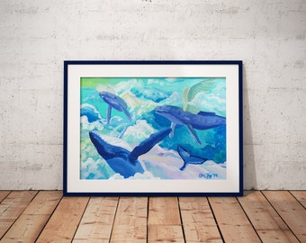 Whale Art Print, Humpback Whale Wall Art, Whale decor, Surrealist Art Print, Animal Art Prints, Whale Art, Acrylic Painting, Wings