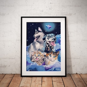 Dog and Cat Art, Dog Wall Art, Cat Art Print, Surrealist Art Print, Pop Art Prints, Animal Art Prints, Dalmatian Print, Husky Print,