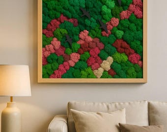 Preserved Reindeer Moss Wall Art Wood with birds spring