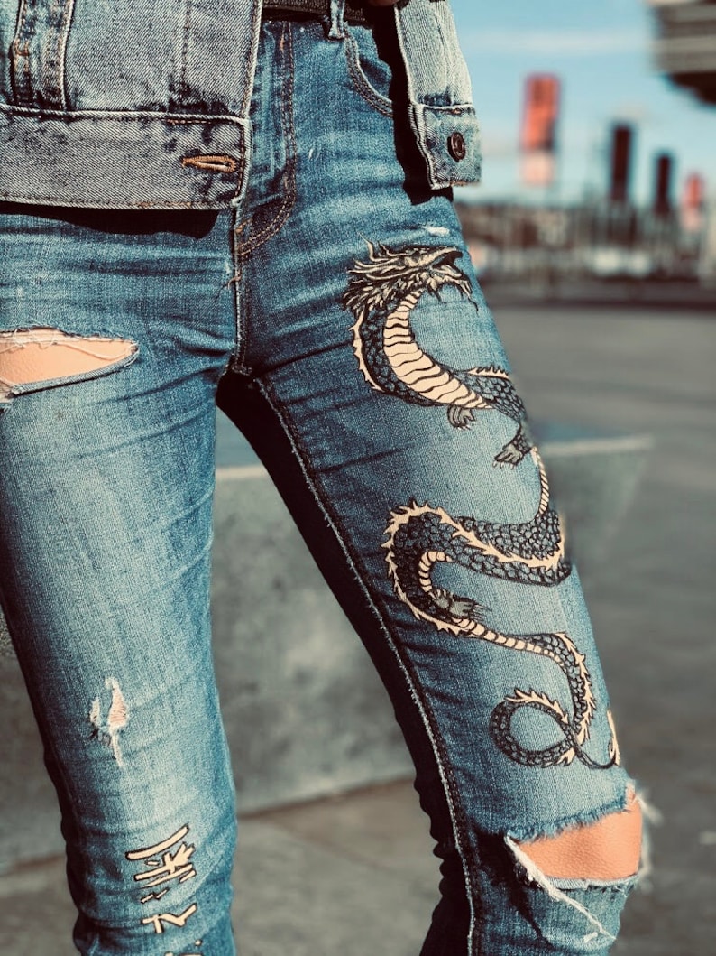 Custom handpainted Jeans. Dragon painting jeans. Personalised Etsy