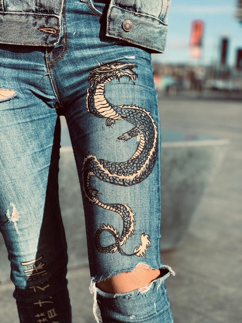 Custom handpainted Jeans. Dragon painting jeans. Personalised Etsy
