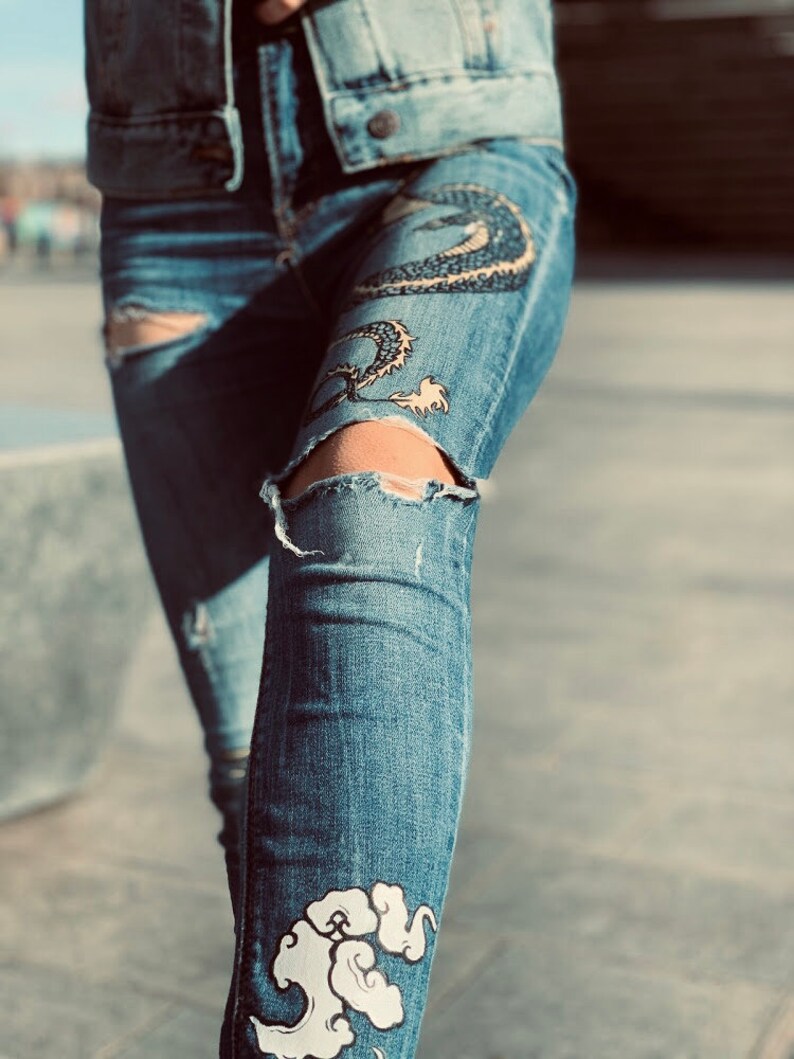 Custom handpainted Jeans. Dragon painting jeans. Personalised Etsy