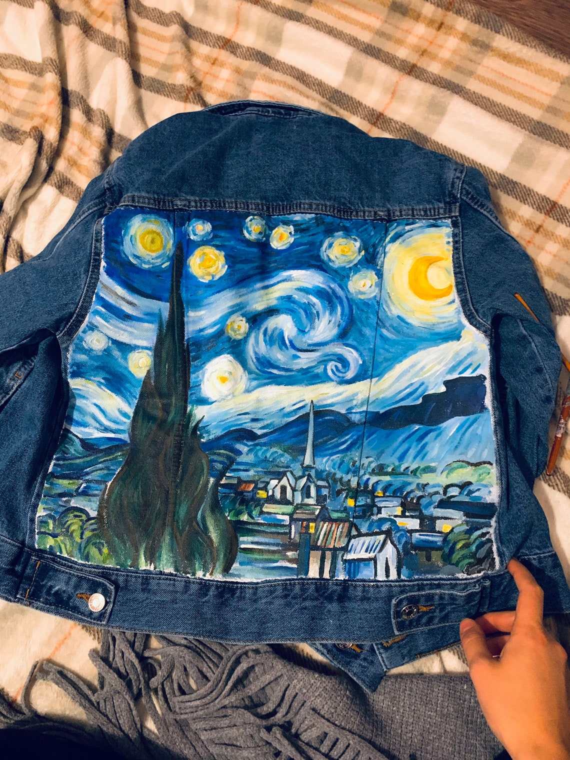 VAN GOGHS The Starry Night painted jacket. Denim painting. | Etsy