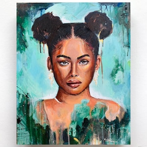 Original Acrylic Painting. Woman Portrait. Home Art Decoration. Wall Art. Portrait Painting Artwork. 40x50cm. Green abstract portrait art.