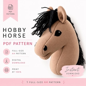 Mönster för hobbyhäst i PDF-format | Symönster för hobbyponny | Digital nedladdning A4 | Mall för sömnad av käpphäst i gör-det-själv | Enkel handledning för hobbyhäst