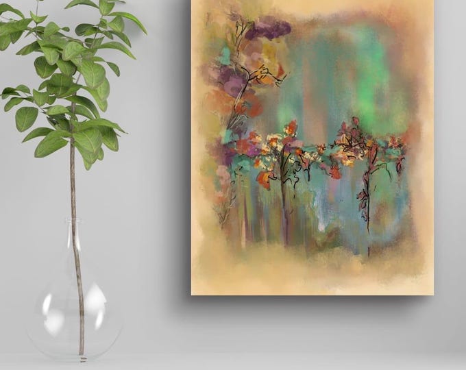Watercolor Floral Print, faded blossoms | Muted Teal & Mustard Wall Art