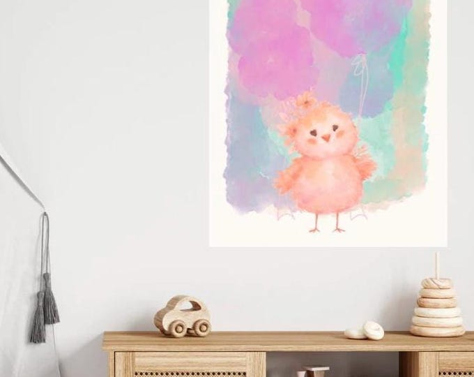 Watercolor Chick with Balloons Matte Vertical Poster | Nursery Wall Art