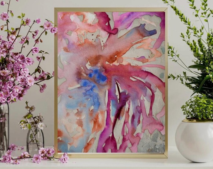 Abstract Watercolor Floral Matte Vertical Poster | Pink Blue Botanical Art Print